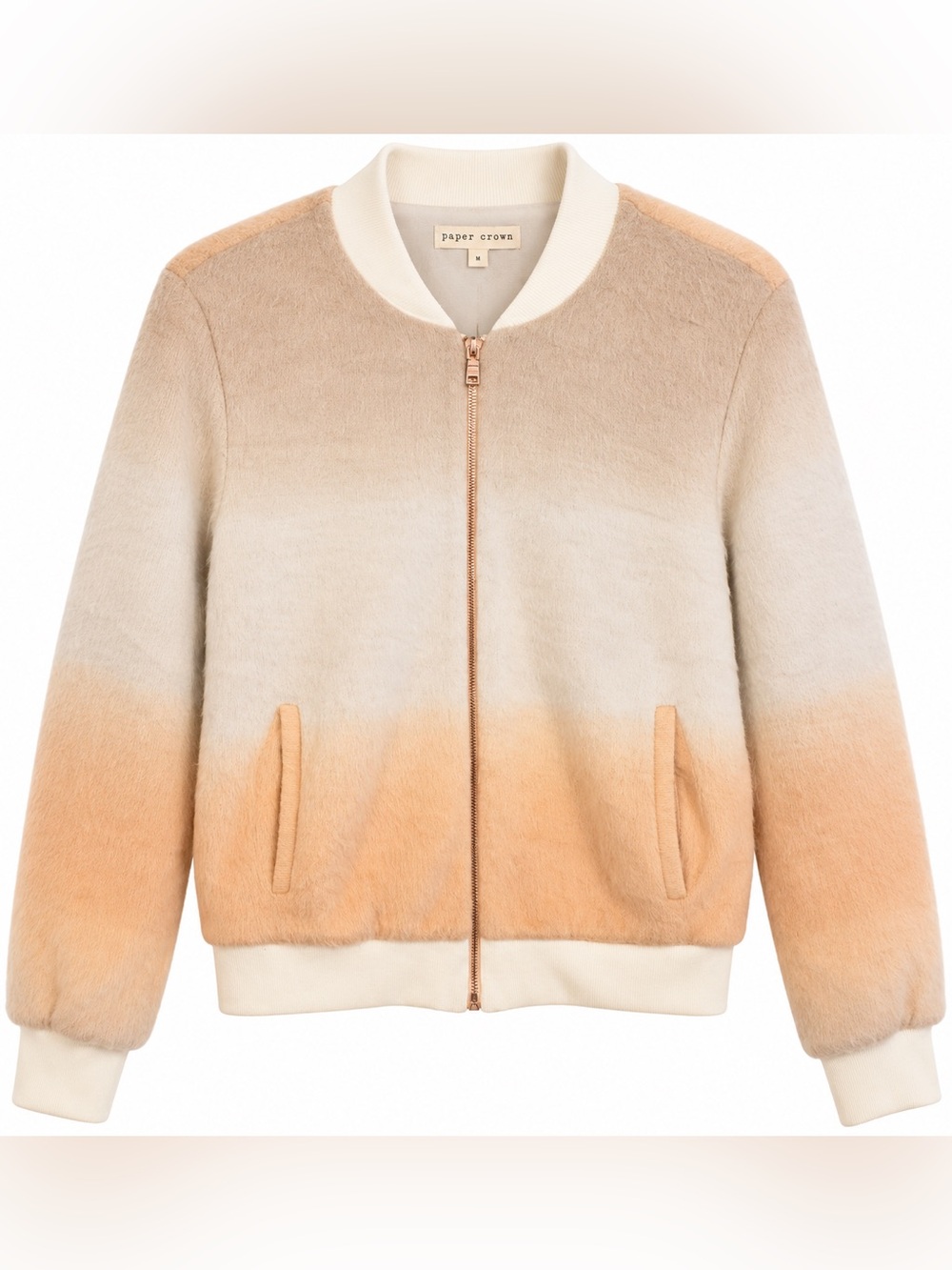 Anthropologie Paper Crown Ombré Fuzzy Bomber Jacket Cream Blush M